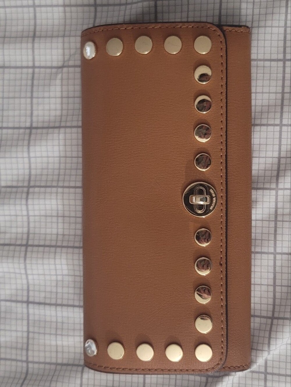 Micheal Kors Tan Leather Studded Turnlock Wallet